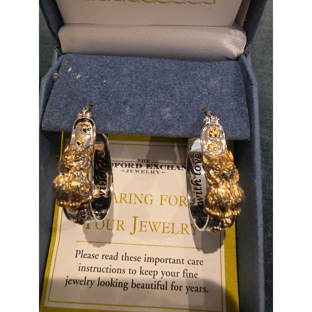 925 Sterling Silver Cat Heart Love Hoop Earrings 2 Tone BGE Bradford Exchange